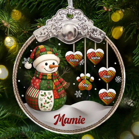 Boule en verre personnalisée “Bonhomme de neige rétro” Orement de Noël pour Mamie