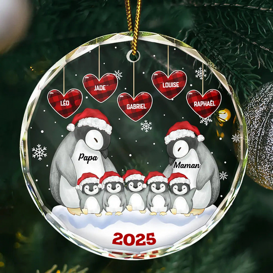 Famille de pingouins  Décoration personnalisée en verre en forme de cercle