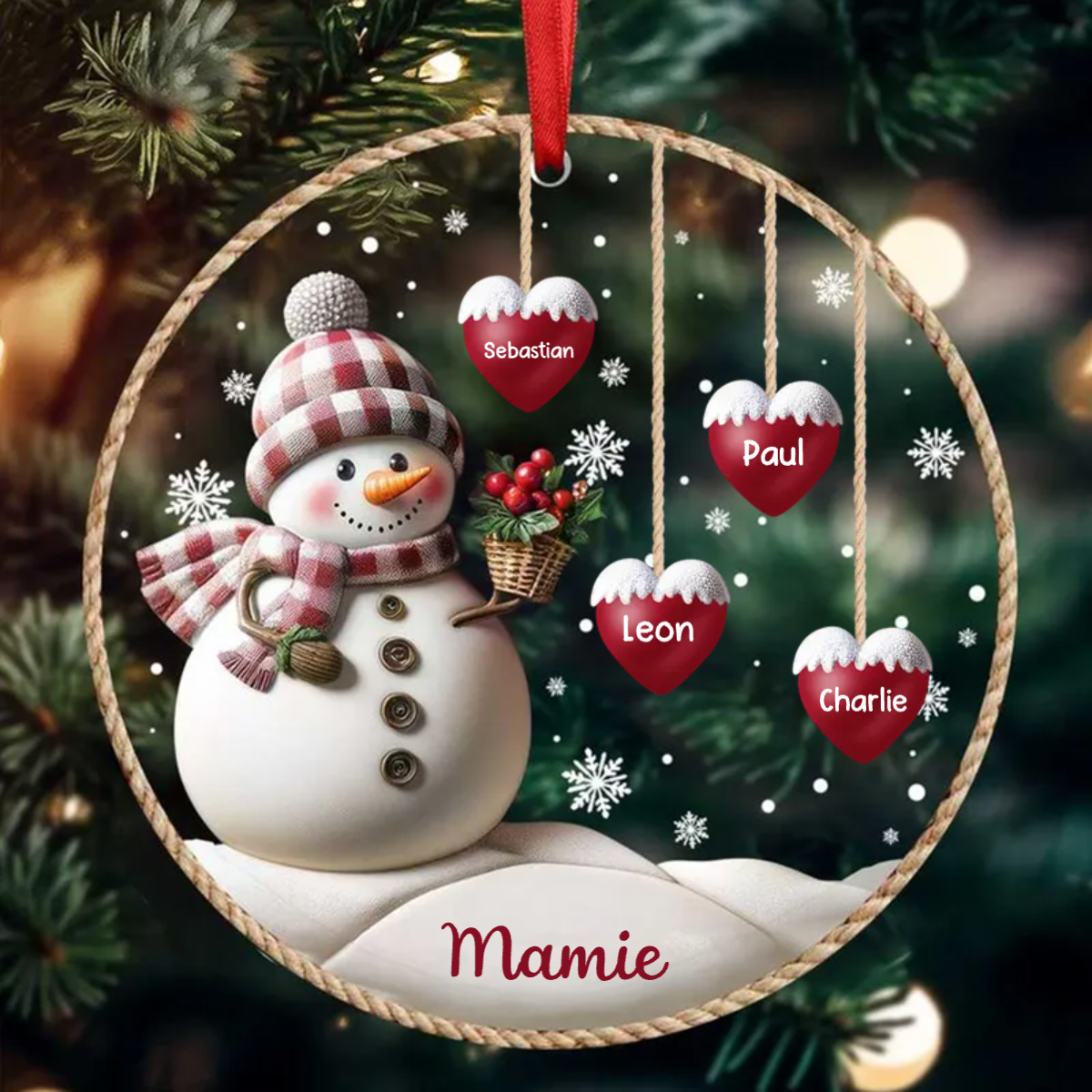 Ornement personnalisé sapin de Noël bonhomme de neige avec coeurs