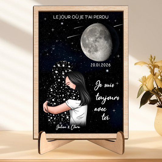 Présentoir en bois personnalisé avec phase de lune – Cadeau commémoratif en tendre souvenir