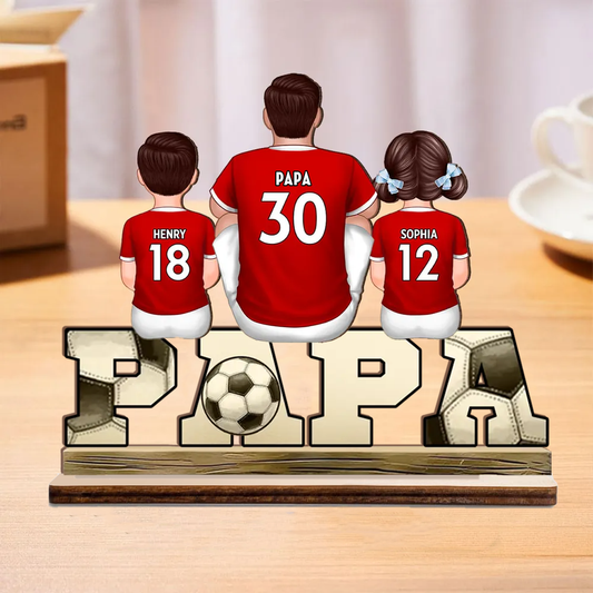 Plaque en bois « PAPA » avec football et 1 à 4 enfants personnalisés – Cadeau pour papa