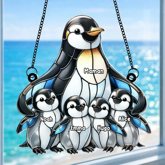 Maman / mamie pingouin avec enfants – Ornement attrape-soleil personnalisé avec prénoms