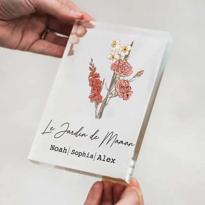 Bloc en acrylique personnalisé avec bouquet de fleurs de naissance, texte et prénoms – Cadeau pour maman et mamie