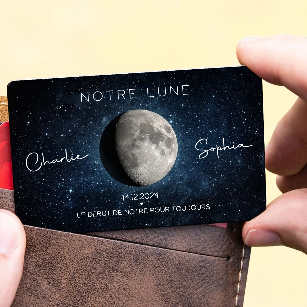 Notre lune - Carte portefeuille personnalisée avec phase lunaire, nom et texte Cadeau pour couple
