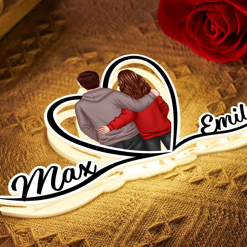 Couple avec cœur - Boîte lumineuse personnalisée avec noms et personnages - Cadeau pour la Saint-Valentin