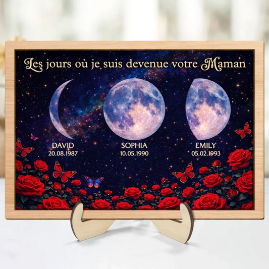 Roses et phases de lune – Présentoir en bois personnalisé – Cadeau pour maman