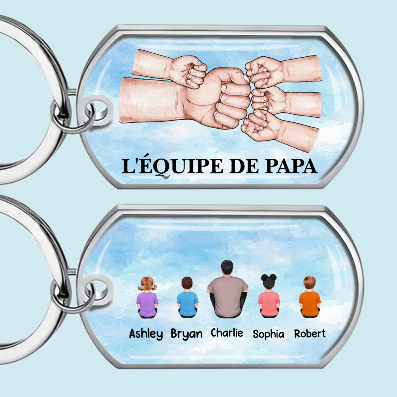 Porte-clés en acier inoxydable avec résine époxy « Papa et enfants – Poing contre poing »