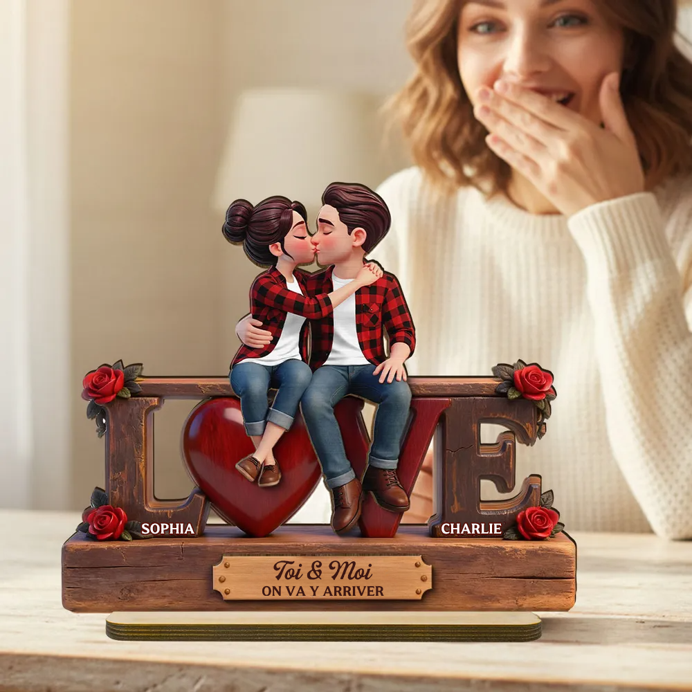 LOVE – Présentoir en bois personnalisé avec couple et texte – Cadeau pour anniversaire de mariage et Saint-Valentin