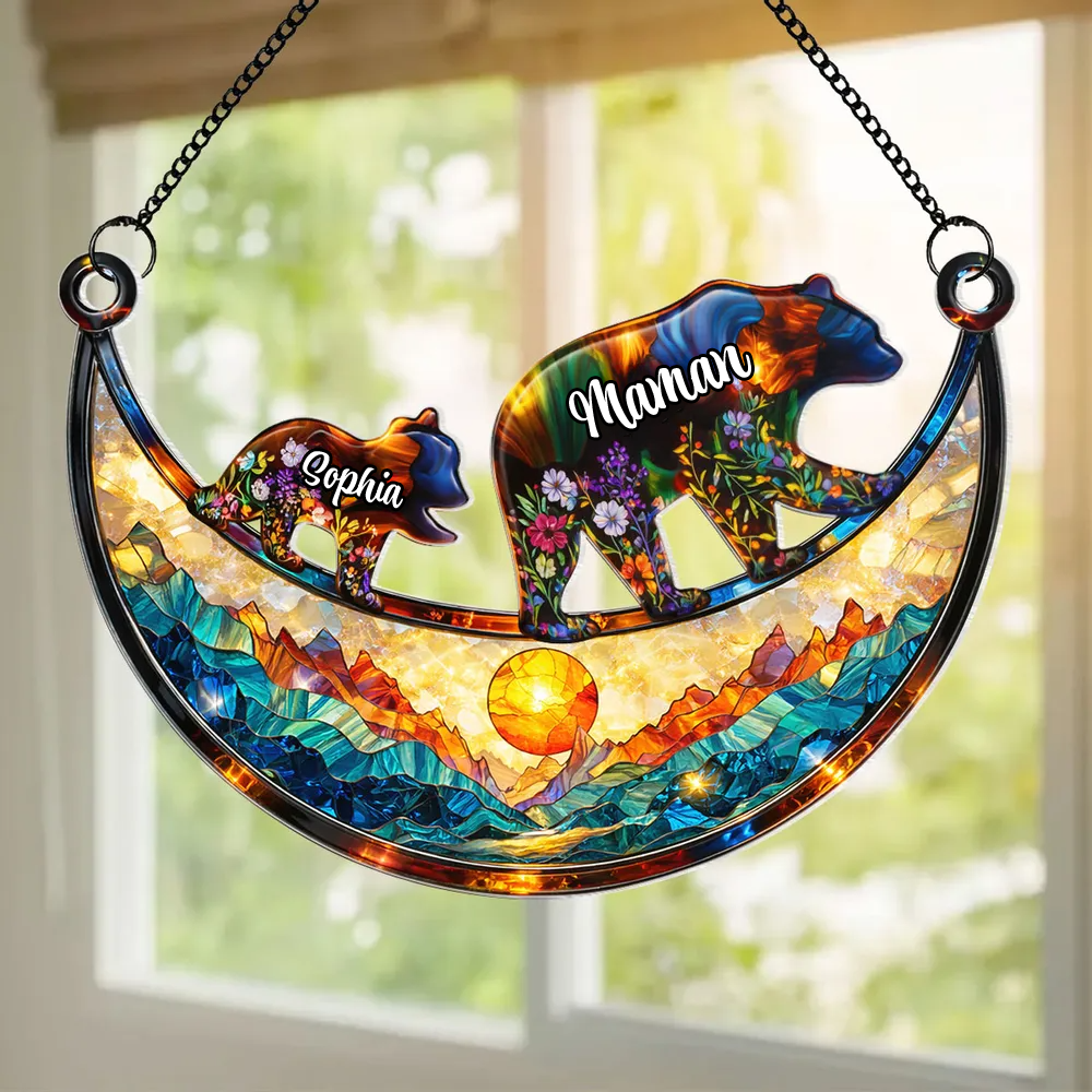Maman ours / mamie ours avec enfants – Ornement attrape-soleil personnalisé avec prénoms