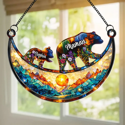 Maman ours / mamie ours avec enfants – Ornement attrape-soleil personnalisé avec prénoms