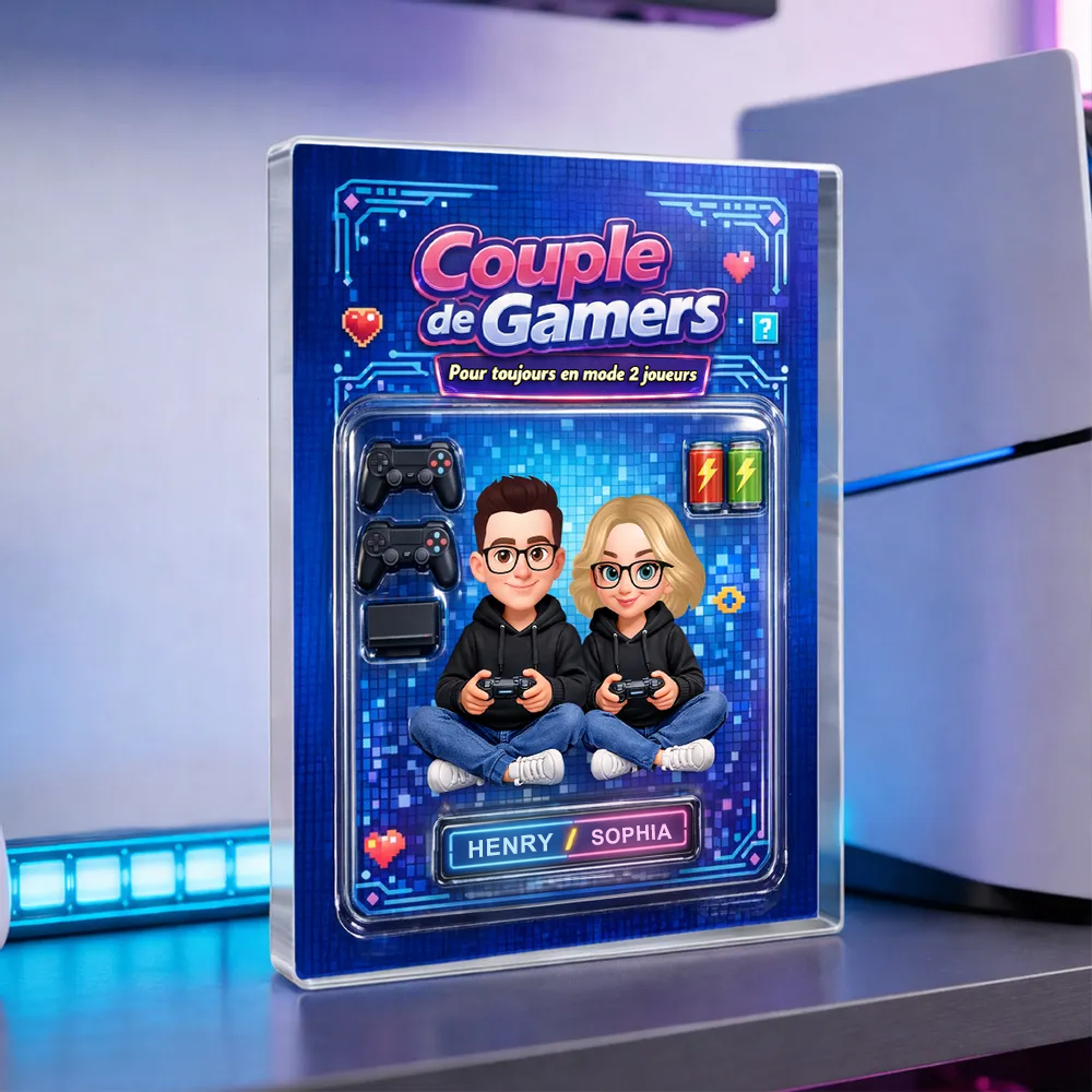Couple de gamers – Bloc en acrylique personnalisé avec couple et prénoms