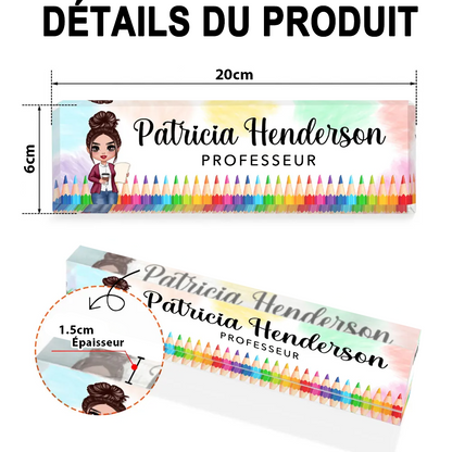 Plaque nominative en acrylique personnalisée – Pour enseignantes avec motifs de crayons de couleur