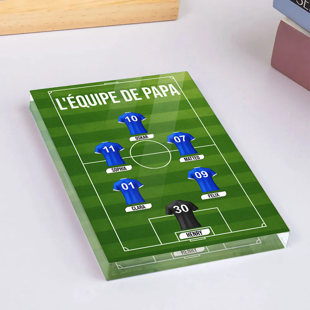 Bloc acrylique de l'équipe de football de papa avec maillots et texte Cadeau pour papa et les fans de football