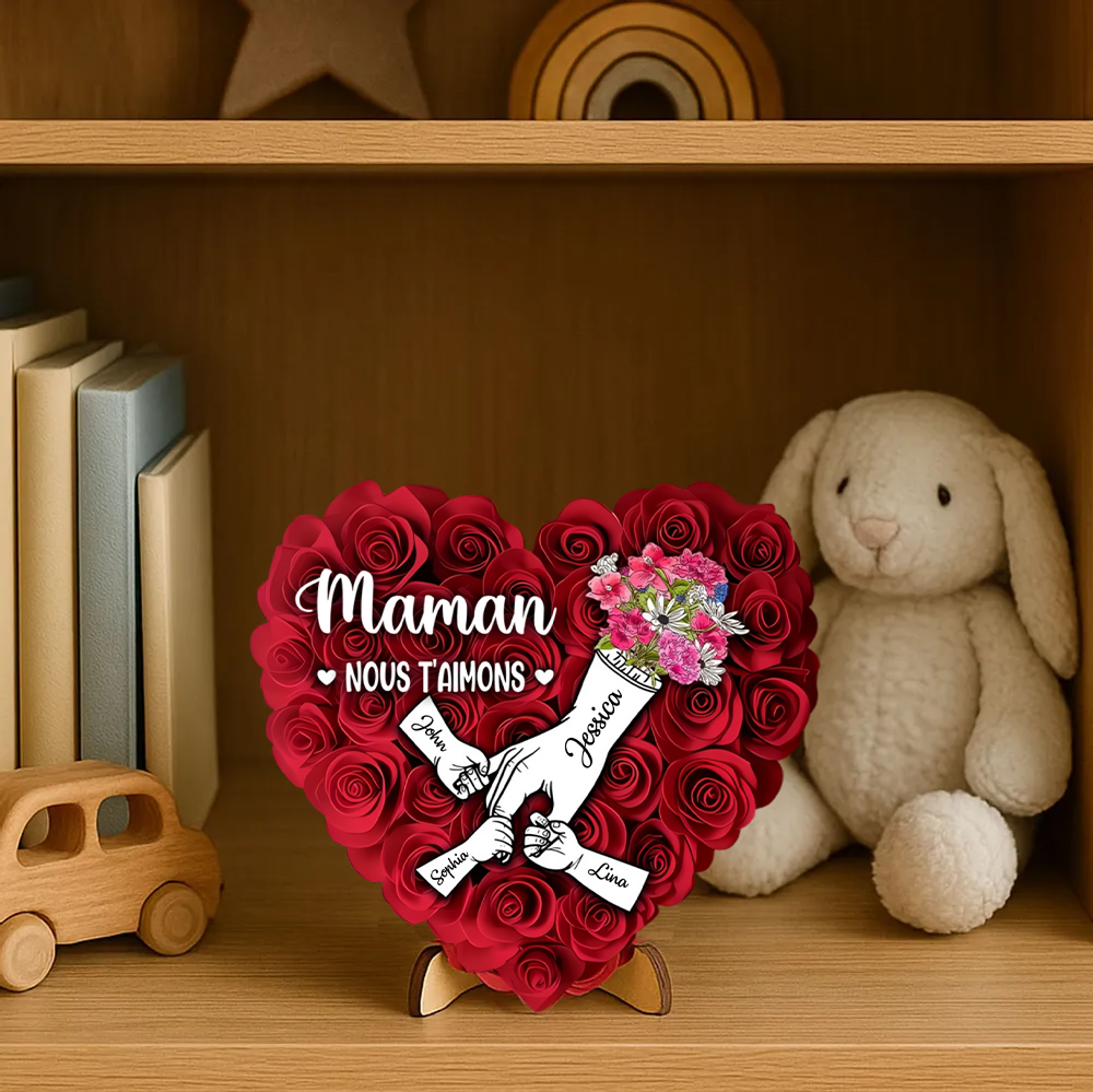Décoration en bois personnalisé « Main dans la main » avec roses – Cadeau pour maman et mamie