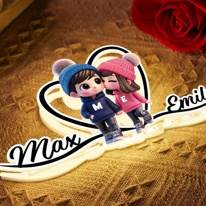 Joli couple et cœur - Boîte lumineuse personnalisée avec prénoms - Cadeau pour la Saint-Valentin