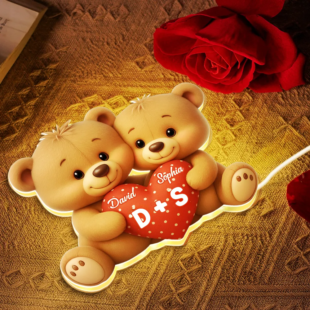 Ours et cœur - Boîte lumineuse LED personnalisée avec prénom - Cadeau pour couple
