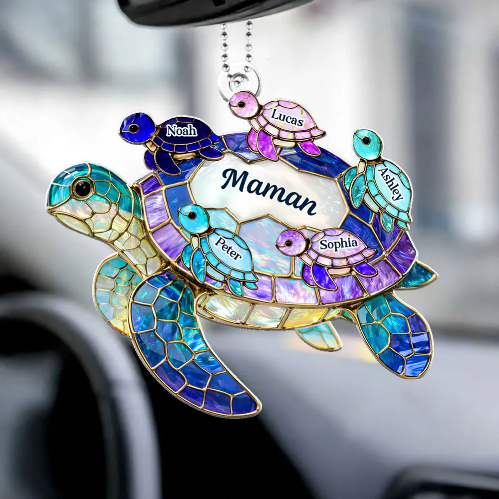 Pendentif en acrylique personnalisé avec tortues marines – Cadeau pour maman et mamie