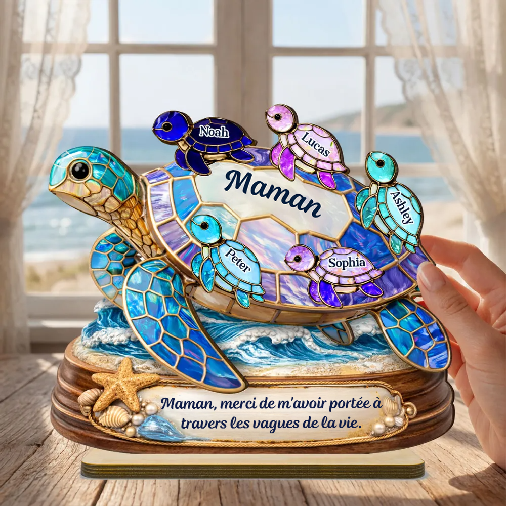 Maman / mamie tortue avec enfants – Présentoir en bois personnalisé avec prénoms et texte