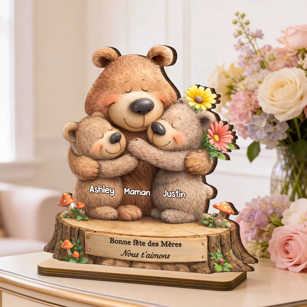 Présentoir en bois personnalisé avec motif d’ours – Cadeau pour maman et mamie