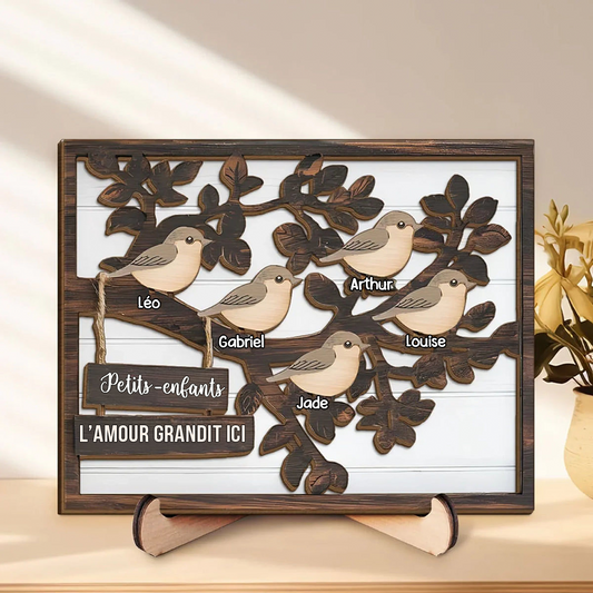 Plaque en bois personnalisée avec arbre et oiseaux – Cadeau pour la famille