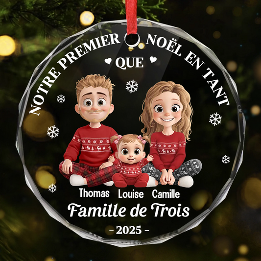 Décoration en verre personnalisée « Notre premier Noël en famille à trois »  Ornement de Noël