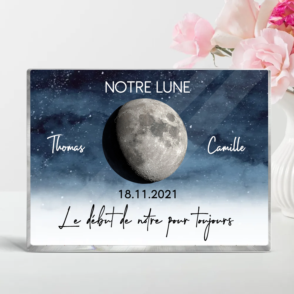 Notre Lune – Bloc en acrylique personnalisé avec phase de lune, cadeau pour couple