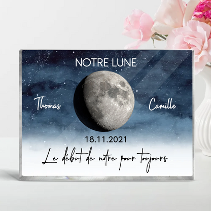Notre Lune – Bloc en acrylique personnalisé avec phase de lune, cadeau pour couple