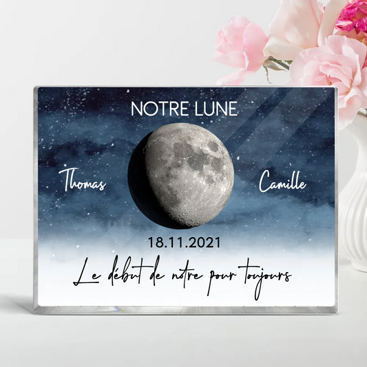 Notre Lune – Bloc en acrylique personnalisé avec phase de lune, cadeau pour couple