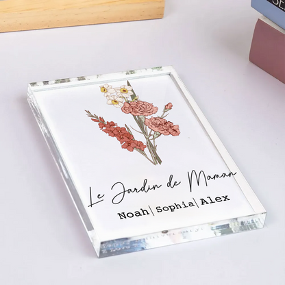 Bloc en acrylique personnalisé avec bouquet de fleurs de naissance, texte et prénoms – Cadeau pour maman et mamie
