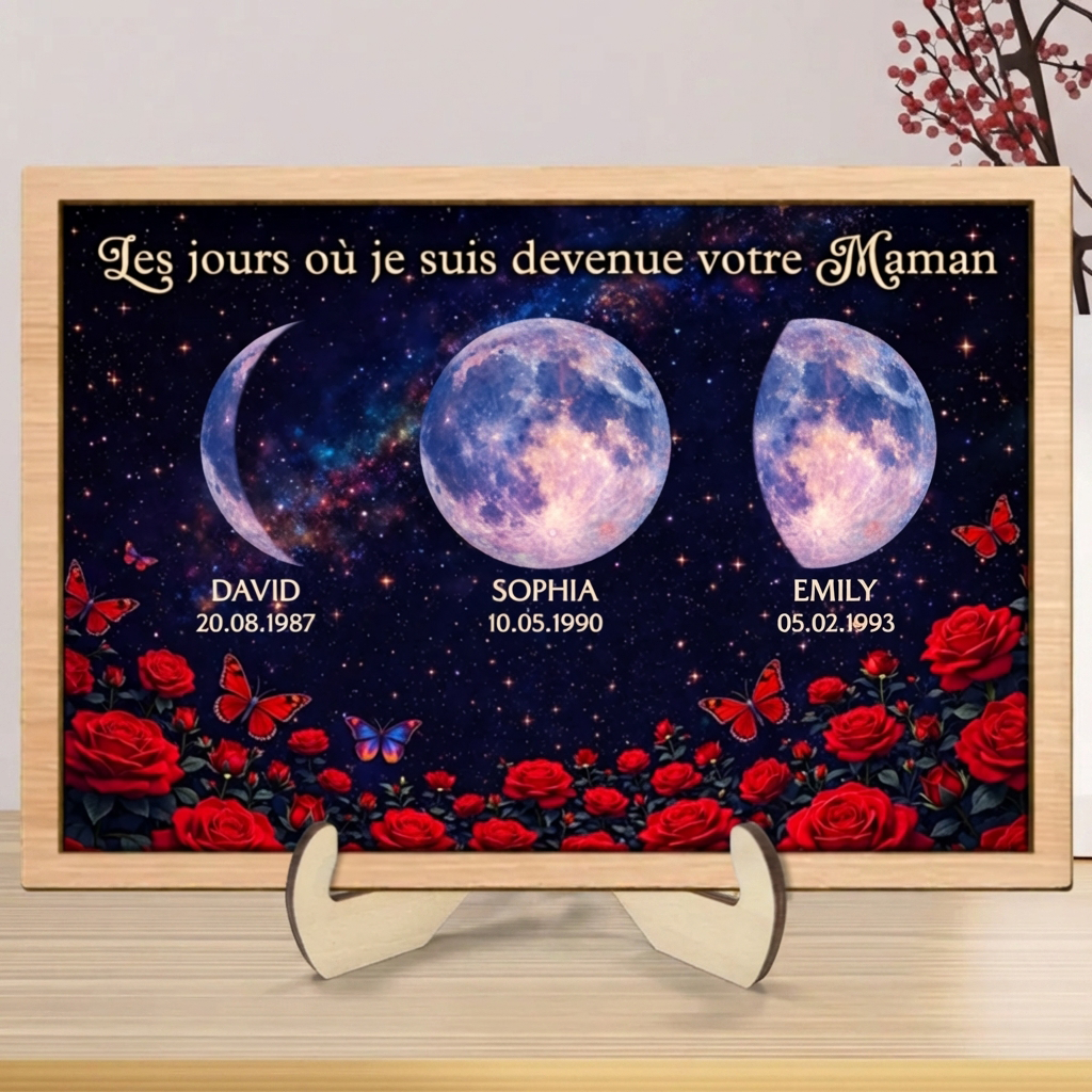 Roses et phases de lune – Présentoir en bois personnalisé – Cadeau pour maman
