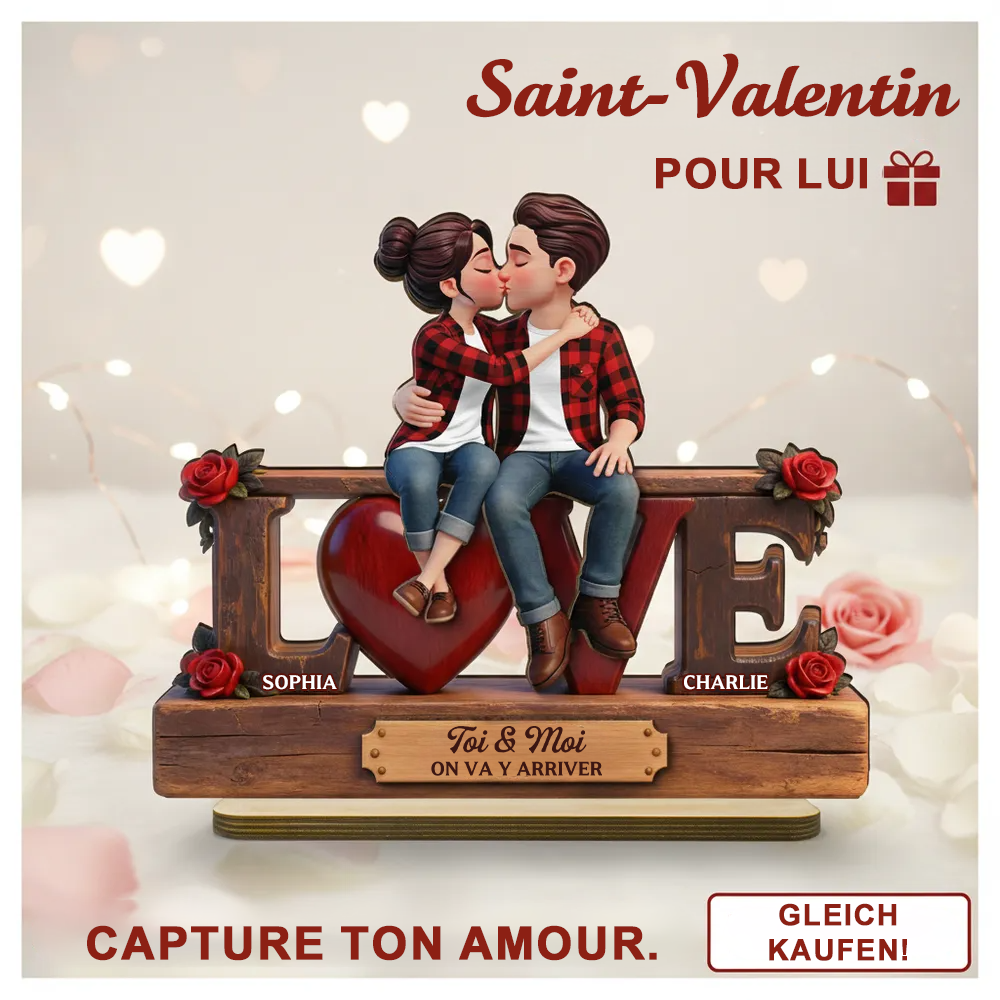 LOVE – Présentoir en bois personnalisé avec couple et texte – Cadeau pour anniversaire de mariage et Saint-Valentin