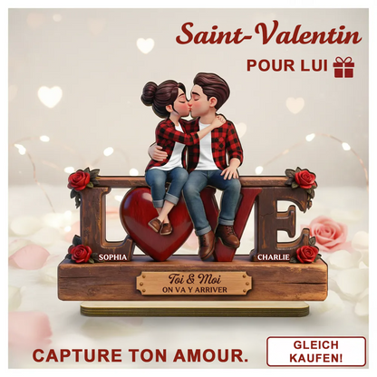 LOVE – Présentoir en bois personnalisé avec couple et texte – Cadeau pour anniversaire de mariage et Saint-Valentin