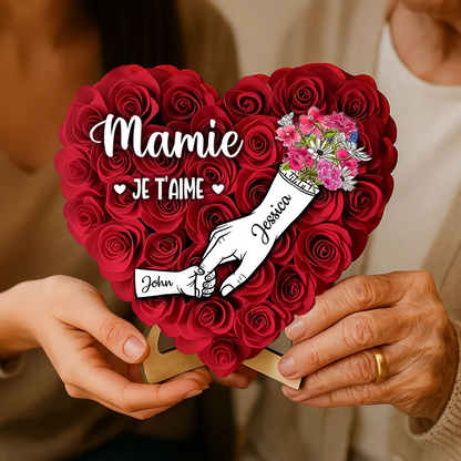 Décoration en bois personnalisé « Main dans la main » avec roses – Cadeau pour maman et mamie