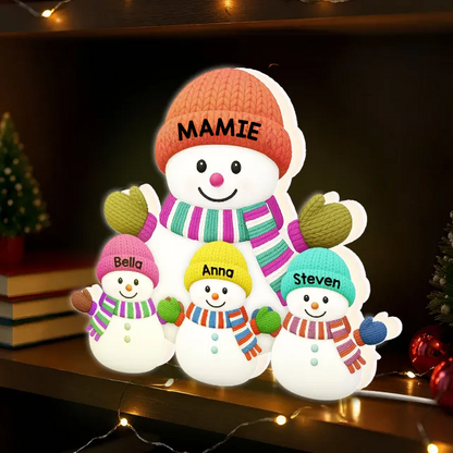 Boîte lumineuse personnalisée “Noël avec Mamie & Papi – Famille Bonhommes de Neige et Petits-Enfants”