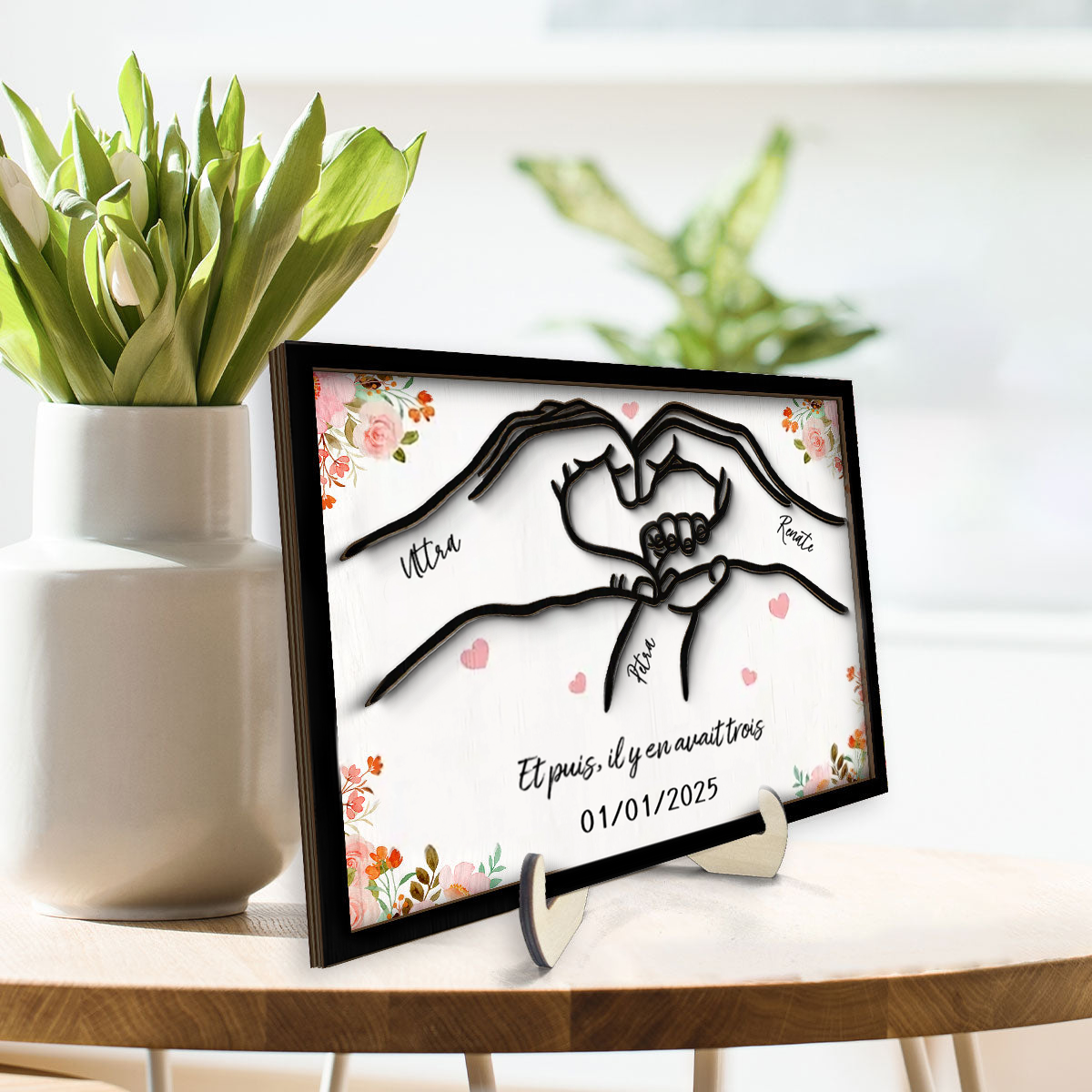 Famille à trois - Plaque en bois personnalisée