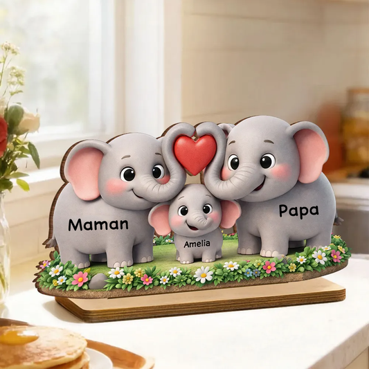 Famille d’éléphants – Présentoir en bois personnalisé avec prénoms – Cadeau pour maman et papa