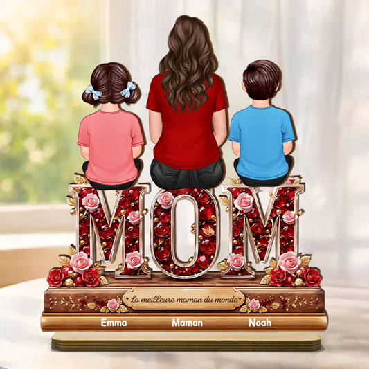« MAMAN, MAMIE, MOM » – Présentoir en bois personnalisé avec femme et enfants