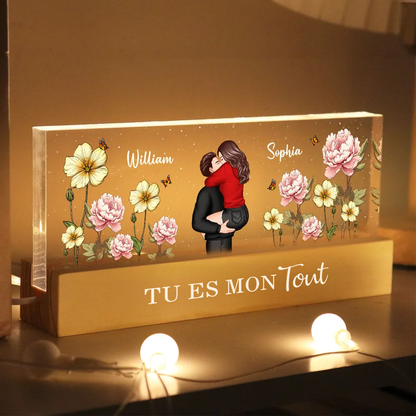 Veilleuse LED personnalisée avec couple et fleurs de naissance