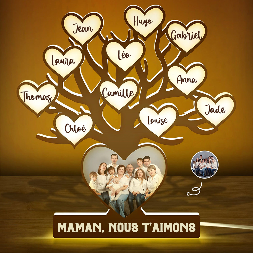 Boîte lumineuse LED personnalisée avec arbre généalogique Boîte lumineuse photo avec texte et nom Cadeau pour maman et mamie