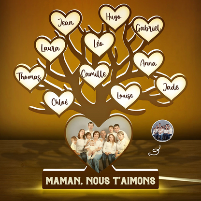 Boîte lumineuse LED personnalisée avec arbre généalogique Boîte lumineuse photo avec texte et nom Cadeau pour maman et mamie