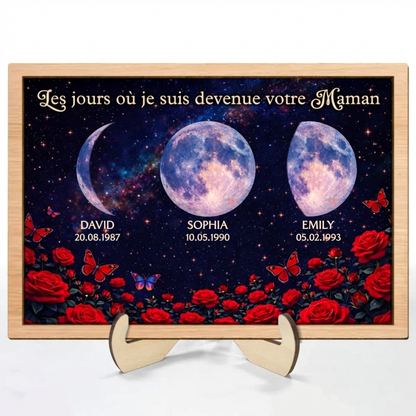 Roses et phases de lune – Présentoir en bois personnalisé – Cadeau pour maman