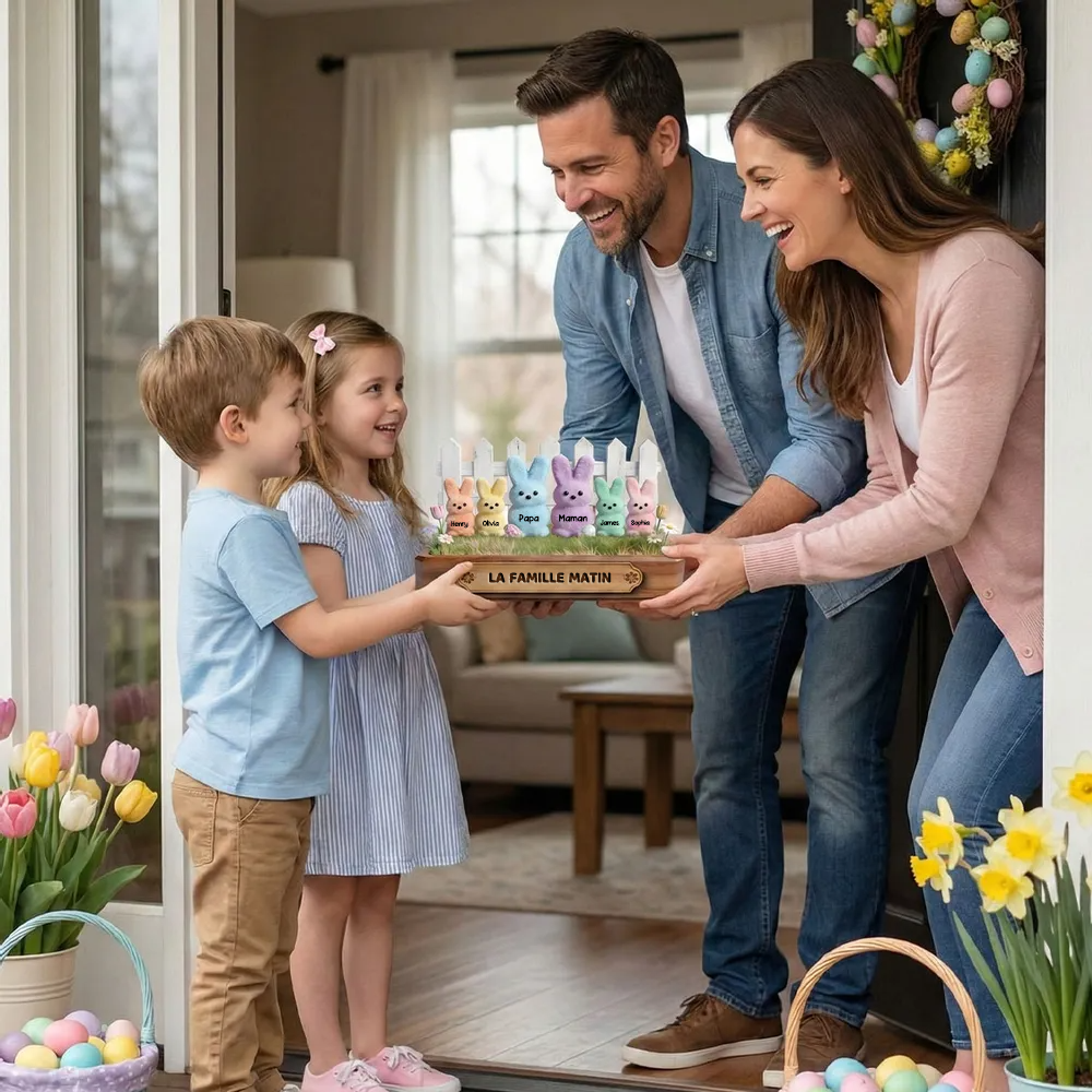 Famille de lapins – Présentoir en bois personnalisé avec prénoms – Cadeau pour papi, mamie et maman