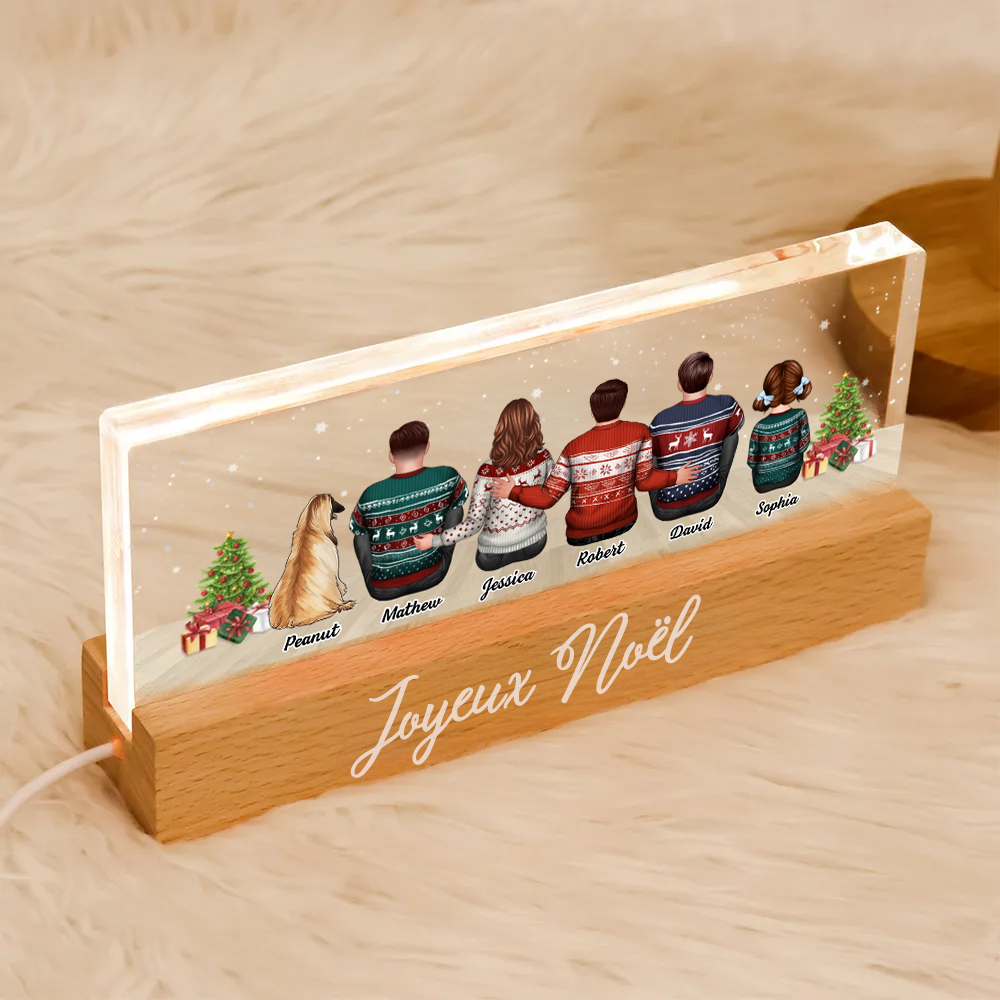 Veilleuse LED personnalisée avec famille, chats et chiens – Cadeau de Noël personnalisé