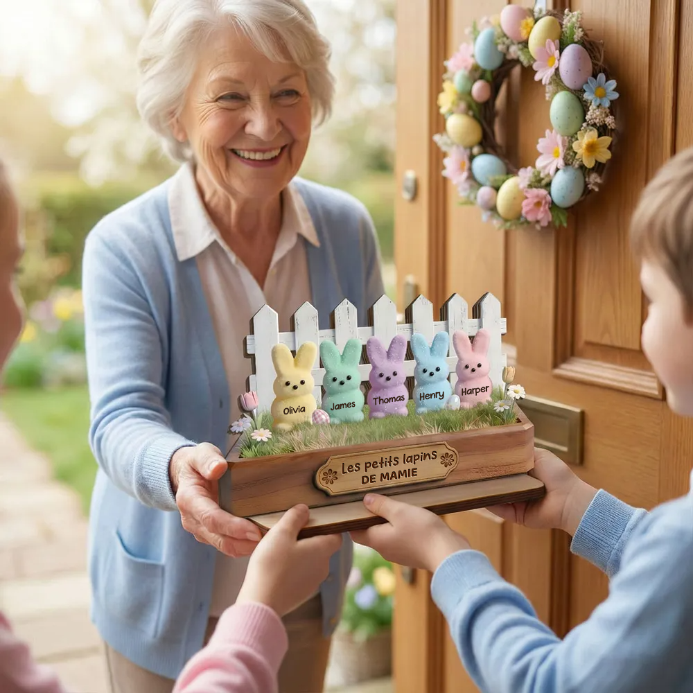 Décoration en bois personnalisé avec lapins – Cadeau pour mamie