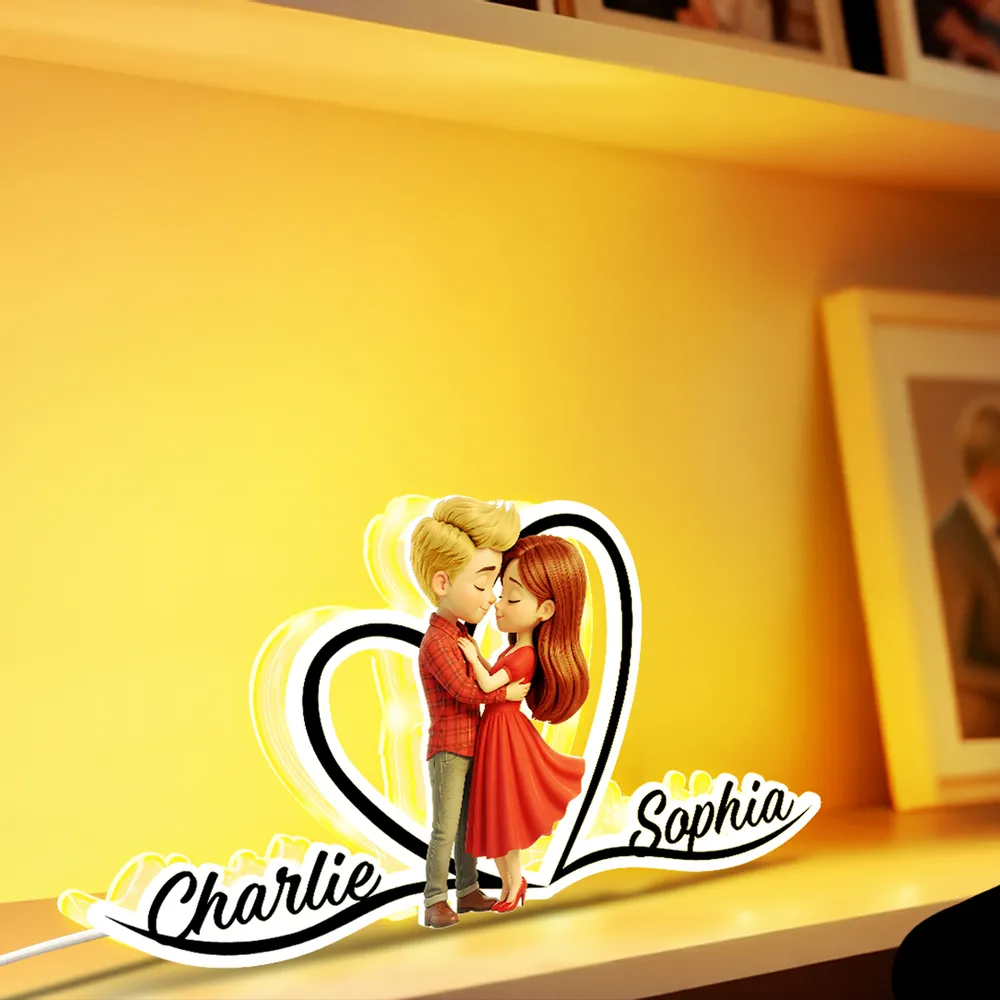 Couple en rouge Boîte lumineuse LED personnalisée avec prénoms