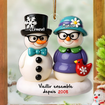 Couple de bonhommes de neige – Décoration de Noël personnalisée avec noms