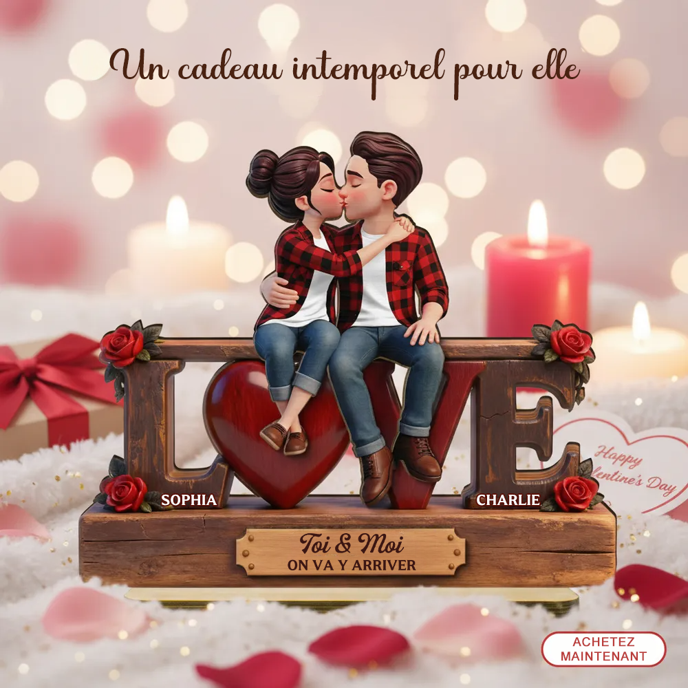 LOVE – Présentoir en bois personnalisé avec couple et texte – Cadeau pour anniversaire de mariage et Saint-Valentin