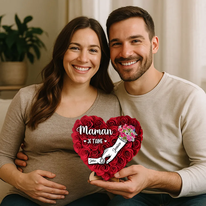 Décoration en bois personnalisé « Main dans la main » avec roses – Cadeau pour maman et mamie