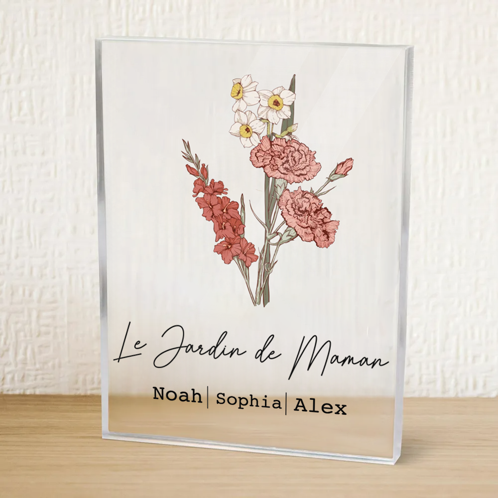 Bloc en acrylique personnalisé avec bouquet de fleurs de naissance, texte et prénoms – Cadeau pour maman et mamie