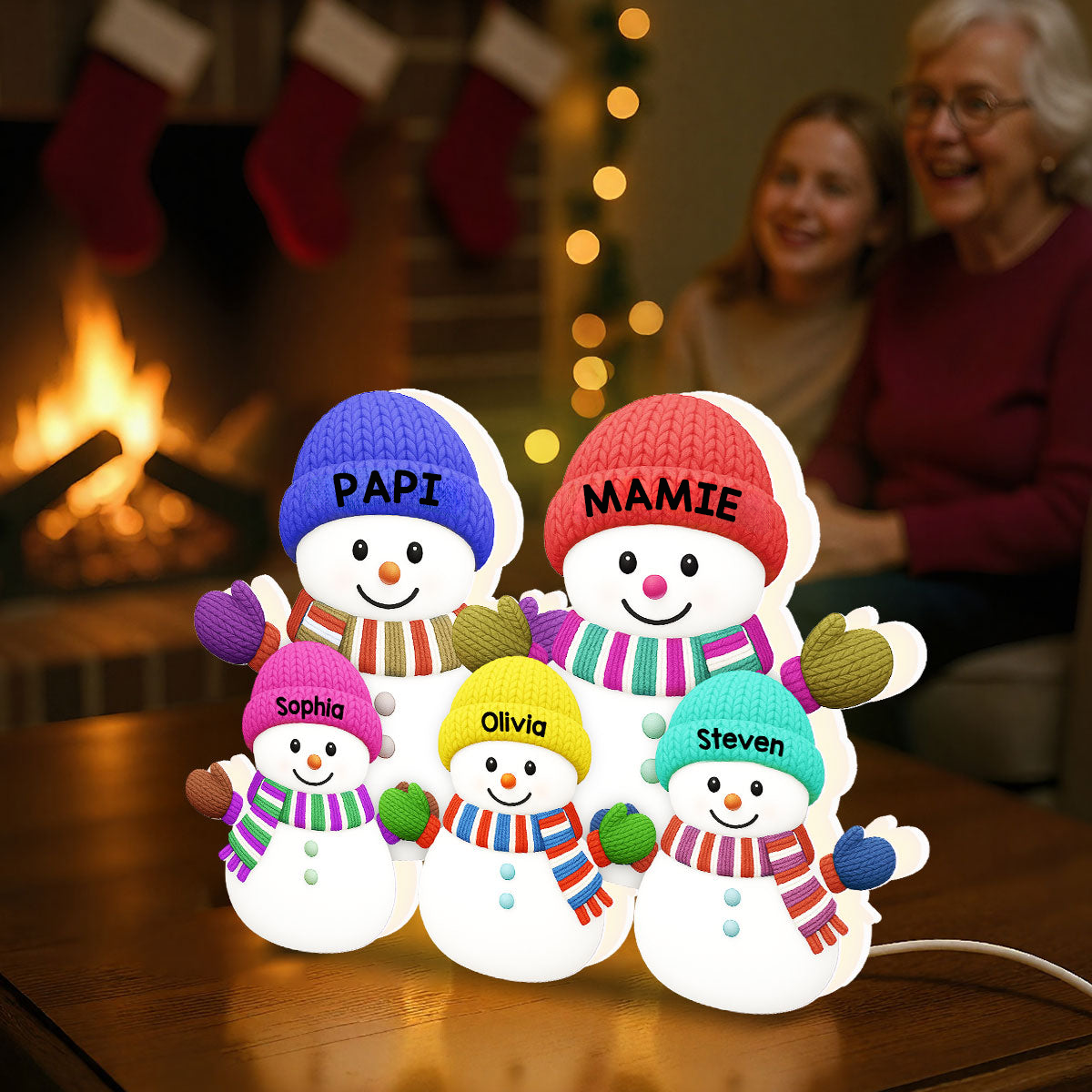 Boîte lumineuse personnalisée “Noël avec Mamie & Papi – Famille Bonhommes de Neige et Petits-Enfants”